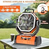 Camping Fan Rechargeable, 20000mAh Large Battery Powered Fan, 4 Speed Rechargeable Fan Portable with Remote, Battery Operated Fan with LED Light and Hanging Hook, Cordless Fan for Tent Picnic Outdoor