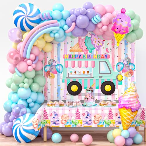 Winrayk Ice Cream Party Decorations Birthday Supplies for Girls, Pastel Ice Cream Balloons Garland Arch Kit Backdrop Tablecloth Candy Long Strip Balloon, Two Sweet Ice Cream Birthday Party Decorations