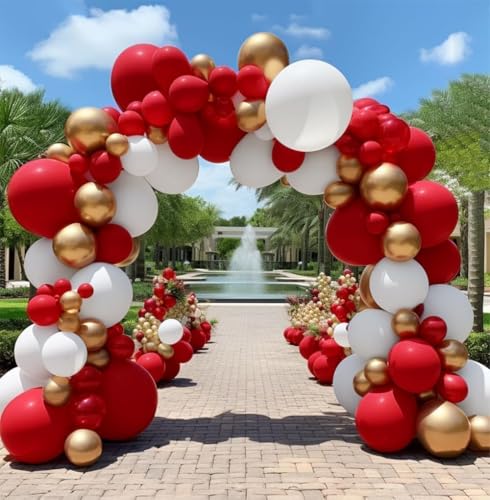 Red White Gold Balloon Arch Double Stuffed Ruby Red White Metallic Gold Balloon Garland Kit Wine Latex Balloons for Baby Shower Birthday Wedding Graduation Engagement Party Decorations