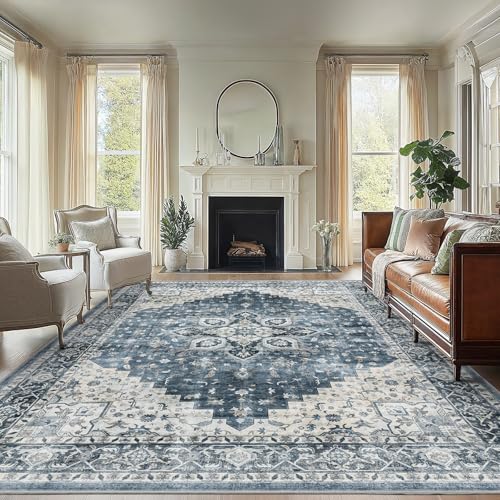 AMADA HOMEFURNISHING 8x10 Washable Area Rug, Low-Profile Large Area Rug with Non-Slip Backing & Durable Edge Binding, Vintage Large Rugs for Living Room, Bedroom, Dinning Room