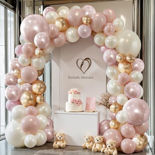 Pink Gold White Balloons Arch Kit, Double Stuffed Pastel Pink Balloons Garland Light Baby Pink Champagne Gold Pearl White Sand Balloon for Birthday Baby Shower Wedding Birthday Party Decorations
