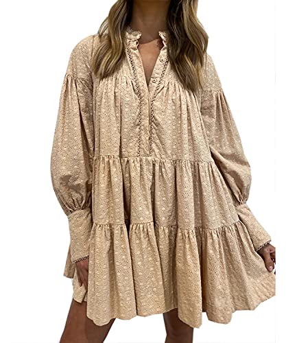 Roiii Women A-Line Lace Loose Baroque Button Down Long Sleeve Casual Dresses V Neck Embroidery Party Short Dress Khaki