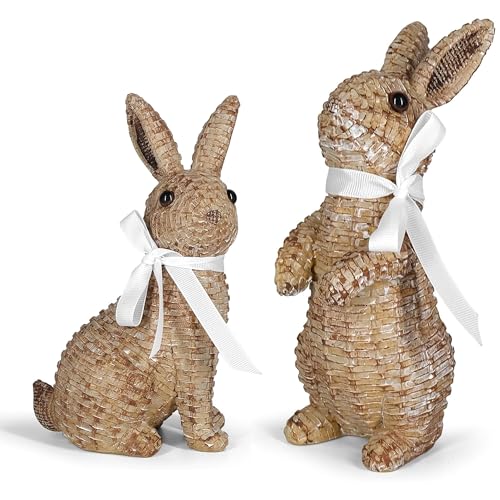 MicoSim Rattan Effect Resin Bunny Easter Decor,Table Rabbit Easter Decorations,Spring Bunnies Decoration Statue Figurine for Home Farmhouse (Brown, Big-Pair)