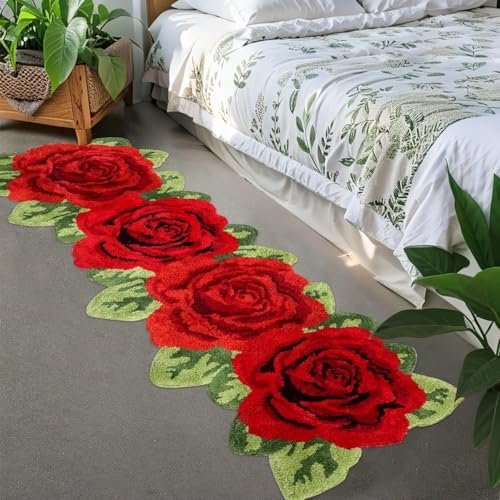 USTIDE 4 Red Rose Area Rug Floor Runner Handmade Nonslip Living Room Rug Red Floral Mats Modern Carpet Washable Floor Mats for Bedroom/Sofa/Bathroom