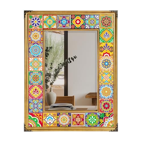 Mexican Talavera Tile Mirror, 24x18 inch Rectangle Mosaic Vintage Style Bathroom Mirror for Wall, Spanish Mediterranean Tile Mirror for Entryway, Dining Room, Vanity, Living Room