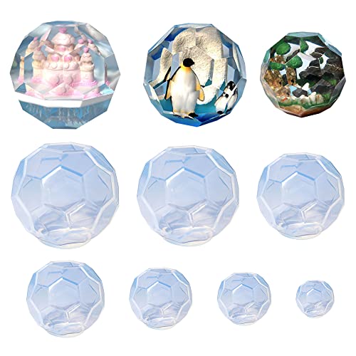 Modixun 7pcs Hexagonal Faceted Sphere Resin Molds, Large Clear 3D Polyhedron Sphere Silicone Molds for Epoxy Resin, 7 Sizes Geometry Silicone Resin Molds for Candle Home Decor, Style A