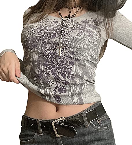 Women Y2K Grunge Shirt Y2K Aesthetic Top Rhinestone Tee Shirt Long Sleeve Grey L