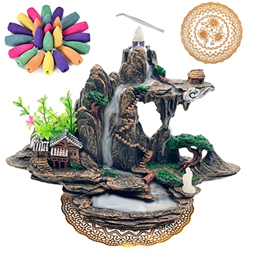 Zvaiuk Mountain Waterfall Incense Burner，Backfall Incense Holder River, Incense Falls Meditation Decor for Room with Upgrade Incense Cones and Accessories (Mountain)