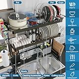 LIVOD Over The Sink Dish Drainer Drying Rack, 3 Tier Stainless Steel Over Sink Dish Drying Rack Adjustable Length (20.87''~37.6''), Kitchen Sink Drying Rack for Counter (Black)