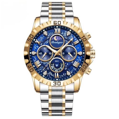 Poedagar Men's Fashion Stainless Steel Watches Quartz Wristwatch Waterproof Luminous Chronograph Stainless Steel Man Watches (Gold Blue)