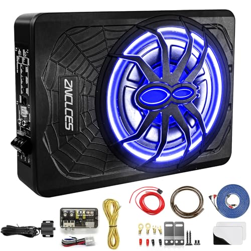 2025 Upgraded 10" 1200W Slim Under Seat Powered Car Subwoofer, Car/Truck Audio Sub Built in Amplifier for outstanding Heat Dissipation, Powerful bass and Blue LED Ambient Light enjoy Audio Experience