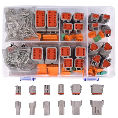 Amliber 174Pcs 12 Kits DT Series DT Connector Kit 2 3 4 6 8 12 Pin Connectors with Size 16 Stamped Contacts for Deutsch Connector, IP68 Waterproof Automotive Electrical Connectors Plug