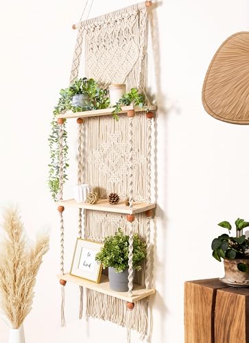 Induslyfe Macrame Wall Hanging Shelf 3 Tier Boho Wall Plant Hanger Shelves, Handmade of Woven Rope Boho Shelves Organizer for Living Room Bathroom Home Storage Floating Plant Rack Bohemian décor