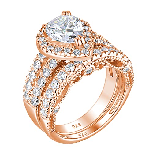 Wuziwen Vintage 4 Ct Womens Bridal Ring Wedding Bands Set Promise Halo Rose Gold Plated CZ Size 6