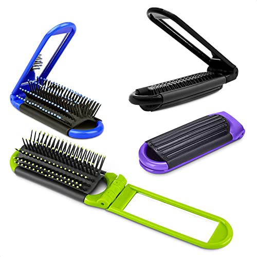 4Pcs Folding Hair Brush with Mirror - Travel Hair Brush for Men Folding Hair Brush Travel Size Foldable Brush for Purse Travel Brushes for Hair - Travel Brush with Mirror Folding Hairbrush for Women