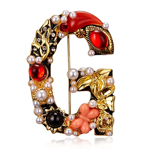 Baroque Letters Brooch Gold Plated Metal Stone Pearl Rhinestone Colorful Lapel Pin Brooches Collar-G