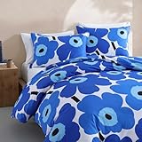 Marimekko - Full/Queen Duvet Cover Set, Cotton Percale Reversible Bedding with Matching Shams, Floral Home Decor (Unikko Blue, Full/Queen)