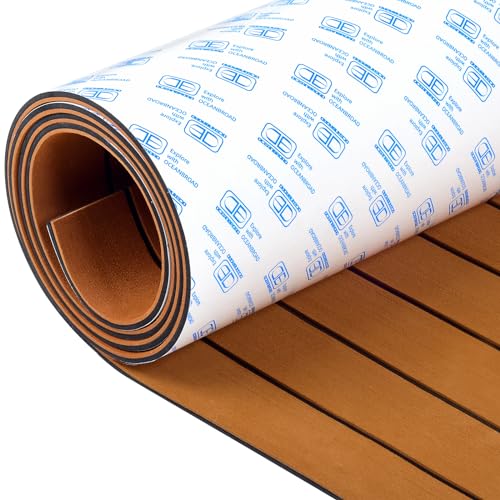 OCEANBROAD Boat Flooring EVA Foam Self-Adhesive 96''x45.6'' Faux Teak Marine Boat Decking Sheet for Jon Boats Yacht Floor, Brown with Black Seam Lines