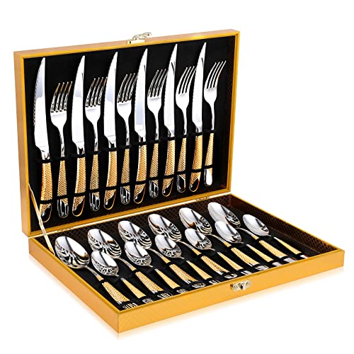 Hammered Silver Gold Silverware Set, OGORI 24-Piece 18/10 Stainless Steel Flatware Set, Service of 6