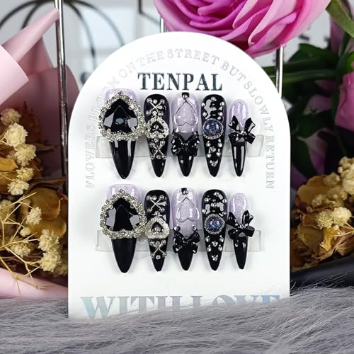 TENPAL Glam Punk Press on Nails Stiletto Almond Long,3D Heart Rhinestones&Metal Chains Designs,Black Glitter Purple Chrome Nails with Full Cover Micro Gems,Y2K Edgy Girly Streetwear Nails,10pcs S