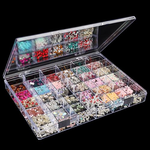 Noverlife 36 Grids Clear Plastic Jewelry Organizer Box, Nail Charm Holder Double Buckle Bead Organizer Storage Container Box, Empty Nail Box Organizer Earring Display Case Acrylic Bead Box for Women