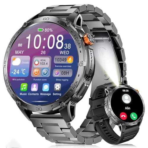 LIGE Military Smart Watch for Men, 730mAh/1.75" Large HD AMOLED Touchscreen Smartwatches with LED Flashlight for Android iOS, Fitness Tracker with 110+ Sport Modes/Heart Rate/Sleep Monitor,Black