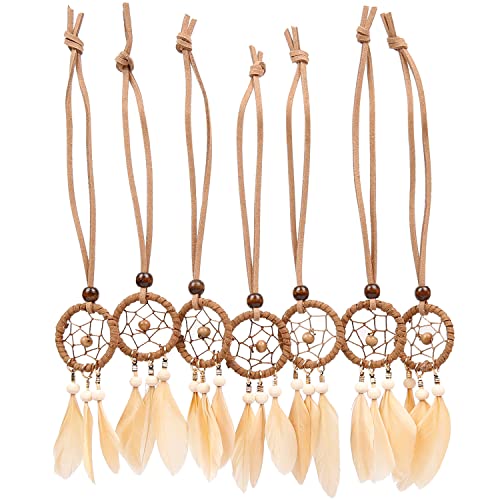 Mini Dream Catcher 7pcs Set - Car Interior Rearview Mirror Dangle Bag Pendant Charm 1.2" Diameter and 9" Long (Khaki 7pcs)