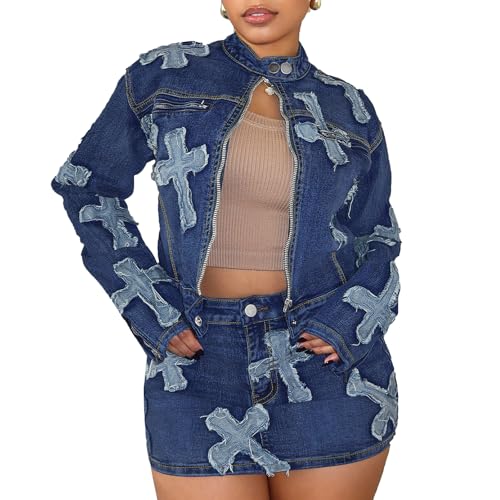 Elainone Denim Skirt Set for Women 2 Piece Outfits Sexy Jean Sets Club Party Two Piece Denim Outfits for Women with Pockets