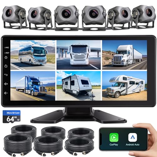 6-Channel Dash Cam 1080P Backup Camera System with 10.33 Inch Touch Parking Monitor,DVR Recording Back Up Camera for RV/Truck/Trailer/Van/SUV/Cars,Wireless Carplay/Android Auto/WiFi/Bluetooth/FM Radio