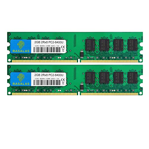 Rasalas DDR2 800 PC2-6400 DDR2 4GB Kit (2x2GB) DDR2-800 Udimm Ram Desktop PC2-6400U 2RX8 1.8V CL6 240 Pin Non-ECC Unbuffered Desktop RAM Memory Modules