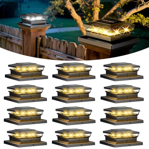 FEACORT Solar Post Cap Lights 12 Pack, Fence Post Solar Lights, Warm White/Cool White Lighting, Black Waterproof Outdoor Post Lights for Garden Patio Porch, 4x4, 5x5 or 6x6 Vinyl/Wooden Posts