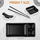 Hoolerry 8 Sets Sushi Plate Set Includes 8 Sushi Plates, 8 Soy Sauce Bowls, 8 Chopsticks, 8 Chopstick Holders, Japanese Dinnerware Serving Set, Black