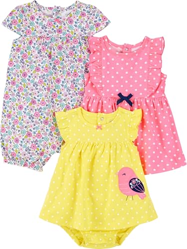 Simple Joys by Carter's Baby Girls' 3-Pack Romper, Sunsuit and Dress, Pink Dots/White Floral/Yellow Bird, 18 Months