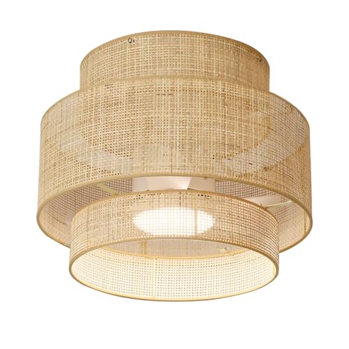 Eamonex 21 Inches DC Boho Bamboo LED Ceiling Fan with Light Fixture and Remote Control, Wicker Cage Small Rattan Caged 3 Blades Low Profile Dimmable Fandelier for Bedroom Kitchen Indoor Outdoor Room
