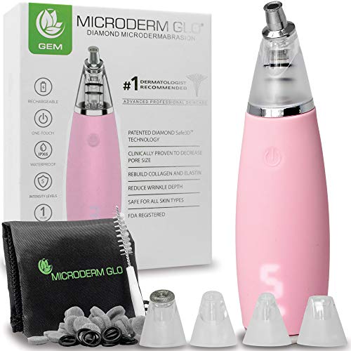 Microderm GLO GEM Diamond Microdermabrasion and Suction Tool - Blackhead Remover Pore Vacuum Advanced Facial Treatment Machine - Anti Aging Wrinkle Care for Collagen Production & Acne Scars (Pink)