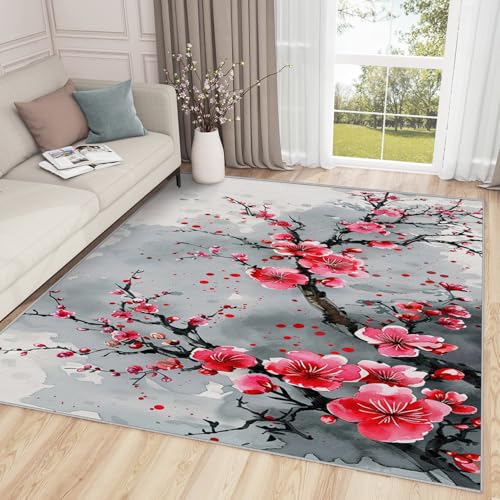 Cherry Blossom Rug for Bedroom - 7x9 Area Rug, Cherry Blossom Home Decor, Japanese Sakura Living Room Rug, Asian Style Washable Rugs for Bedroom, Japan Florals Carpet, Cherry Blossom Gifts for Women