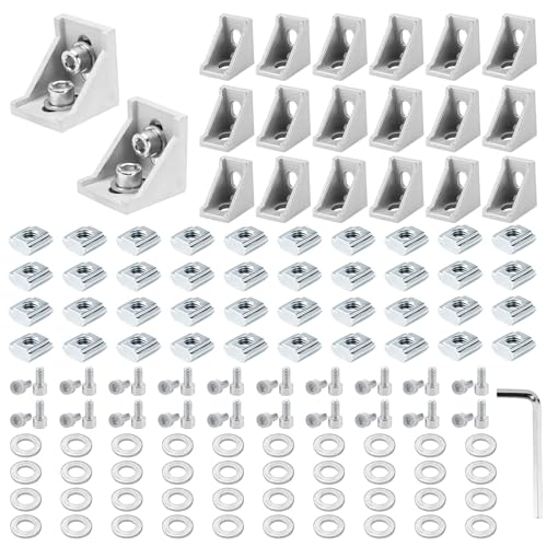PETOX 20 Set Silver 4040 Series Aluminum Extrusion Profile Connector, Includes 1pc Wrench, 20pcs 3540 Corner Bracket, 40pcs M8 T-Slot Sliding Nuts and Hex Screw Bolt for 20S Aluminum Rail Accessories
