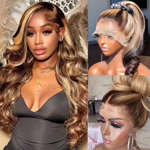 Atilck 360 Lace Front Wigs Human Hair Ombre Lace Front Wigs Human Hair 150 Density 4/27 Colored Honey Blonde 360 HD Transparent Wigs for Black Women (28 Inch)