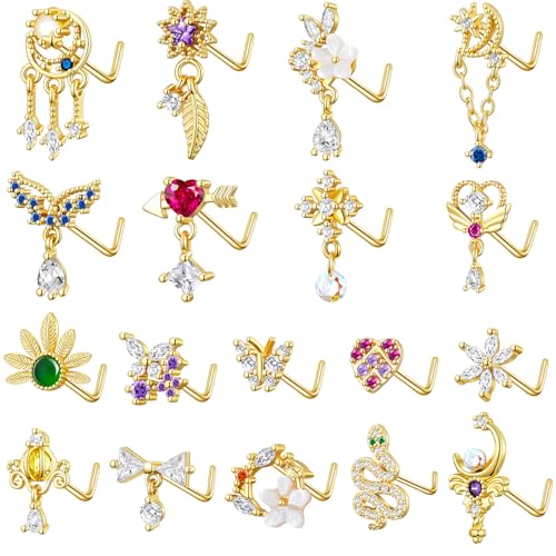 TAMHOO 18Pcs 18G Nose Rings L Shape Nose Ring Stud for Women-Butterfly Nose Ring - Gold Nose Studs for Women