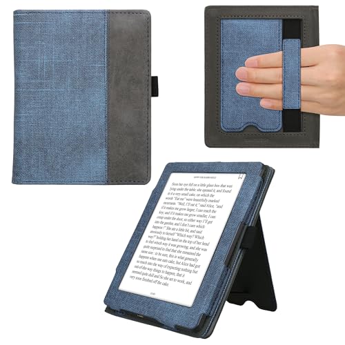 kwmobile Case Compatible with Kobo Aura Edition 1 - PU Leather Synthetic Suede Cover with Hand Strap - Dark Blue/Dark Grey