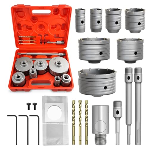 METOTY 22PCS Concrete Hole Saw Kit,30/40/50/65/80/100/110mm Masonry Hole Saw, with SDS Plus & Max Shank Drill Bit Sets, Masonry Hole Saw Tool Set for Concrete,Brick,Cement,Stone,Wall Drilling.