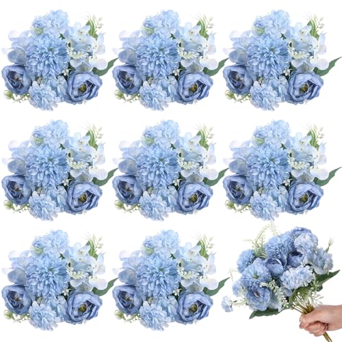 Lyrow Artificial Peony Flowers Fake Peony Silk Hydrangea Bouquet Elegant Flowers for Wedding Decoration Faux Realistic Floral for Home Party Centerpieces Arrangement(Gradiente Blue,8 Pcs)