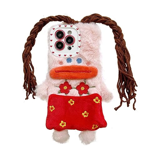 Tewwsdi Cartoon Funny Phone Cases for iPhone 14 pro max,Cute Fluffy Furry Case with DIY Girl Braids,Winter Warm Kids Teens Girls Women Plush Toys Case(Sausage Mouth Girl)