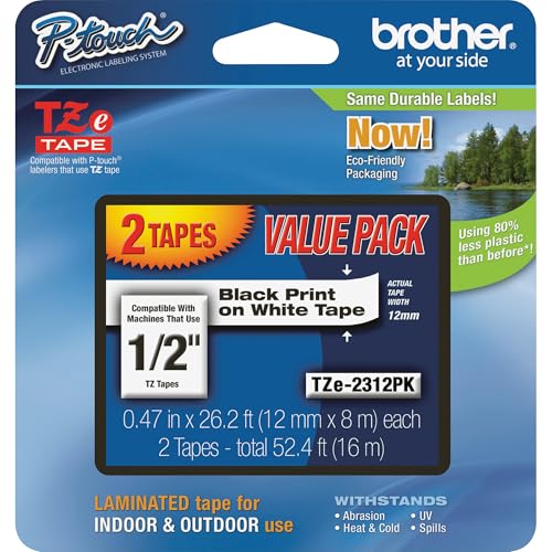 Brother Genuine P-Touch, TZe-231 2 Pack Tape (TZE2312PK) ½”(0.47”) x 26.2 ft. (8m) 2 Count (Pack of 1) Laminated P-Touch Tape, Black on White