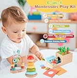 Wooden ​Montessori Learning Toys Kit,Babies Toys Set for 1 Year Old, Sensory and Thinking Play kit for Toddlers (Boys and Girls). 4 in 1 Drop Box; Rocking Stacker; Bead Maze.