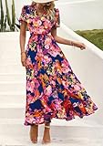 PRETTYGARDEN Women's Summer Wrap Maxi Dress Casual Boho Floral V Neck Short Sleeve Ruffle Hem Split Beach Long Dresses (Blue Orange Floral,Medium)