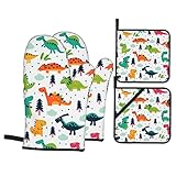 Cute Dino Kawaii Dinosaur Oven Mitts and Pot Holders Set of 4, Oven Mittens and Potholders Heat Resistant Gloves for Kitchen Cooking Baking Grilling BBQ