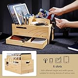 Homde Natural Bamboo Charging Station Rack for Multiple Devices Cable Cord Management Box Organizer Holder with 6 Slots Drawer for Chargers Phones Tablets Watches Electronics (Natural)