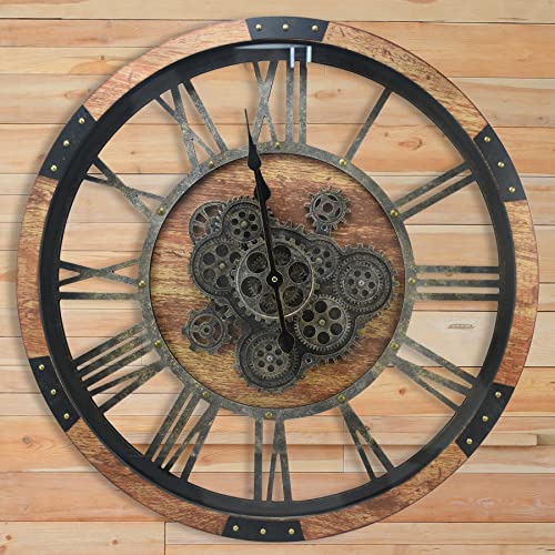 27 inch Large Real Moving Gears Wall Clock with Toughened Glass Cover, Oversized Vintage Solid Wood Farmhouse Clock, Giant Decorative Rustic Wall Clock for Living Room Home Kitchen Office (Brown)