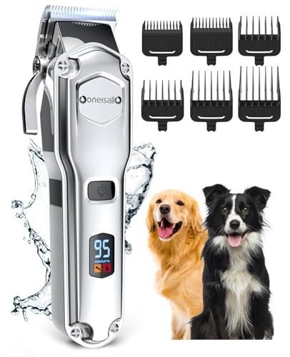 oneisall Dog Clippers for Grooming for Thick Heavy Coats/Low Noise Rechargeable Cordless Pet Shaver with Stainless Steel Blade/Waterproof Dog Shaver for Dogs Pets and Animals (Sliver)